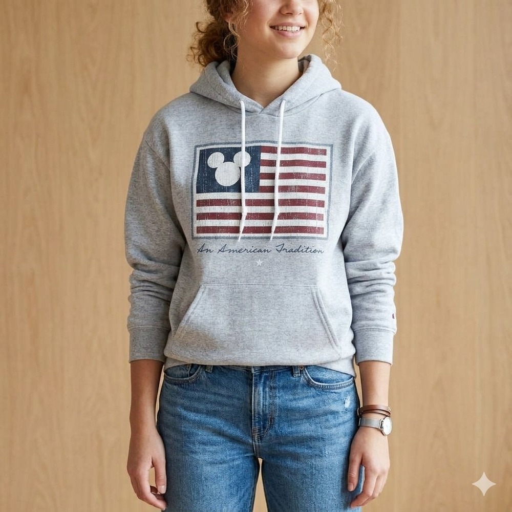 Disney Store Hoodie Adult Small Gray Mickey Mouse American Flag Graphic Pullover
